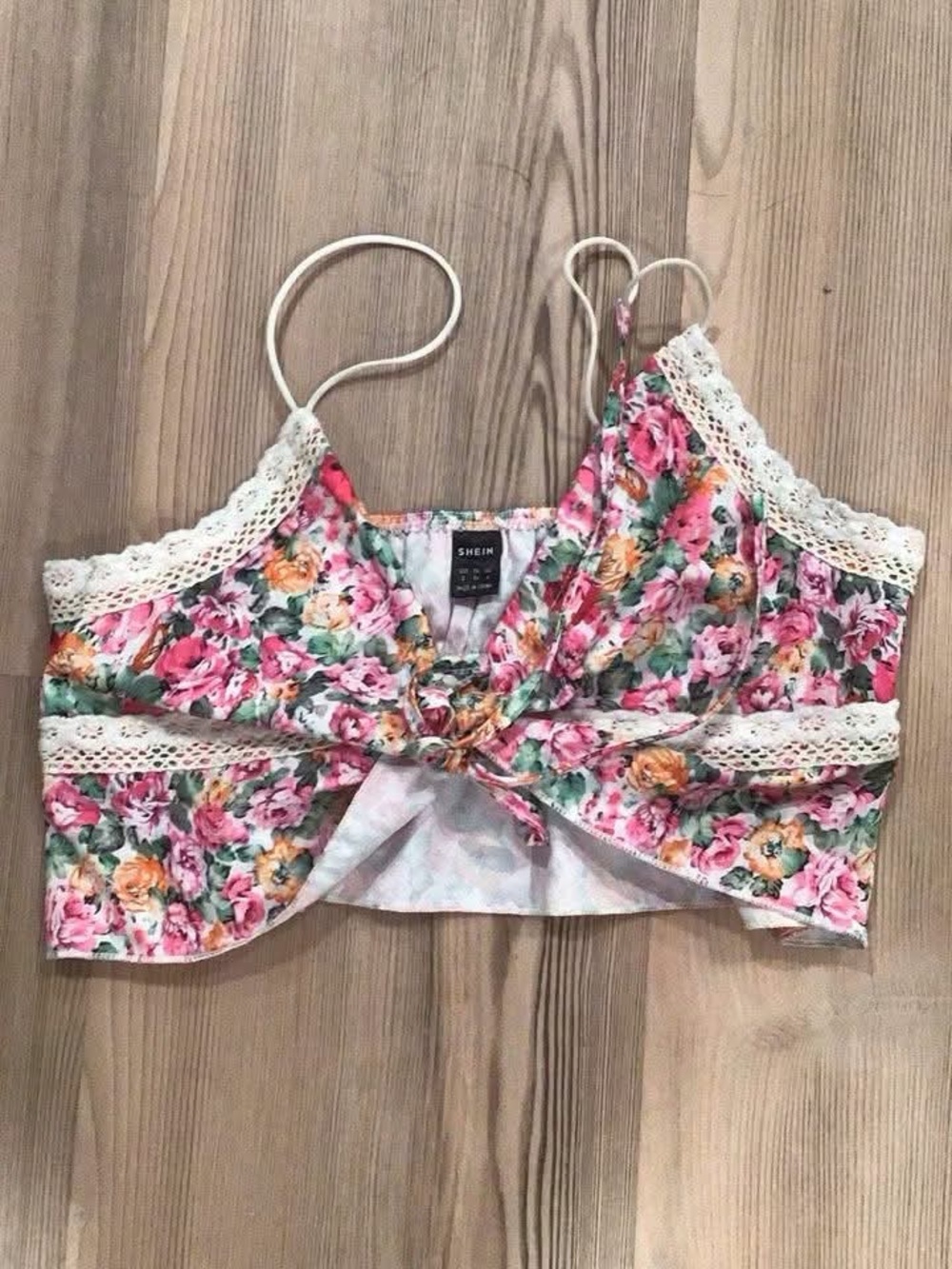 SHEIN Pink Floral Crochet-Trim Tie-Front Crop Cami